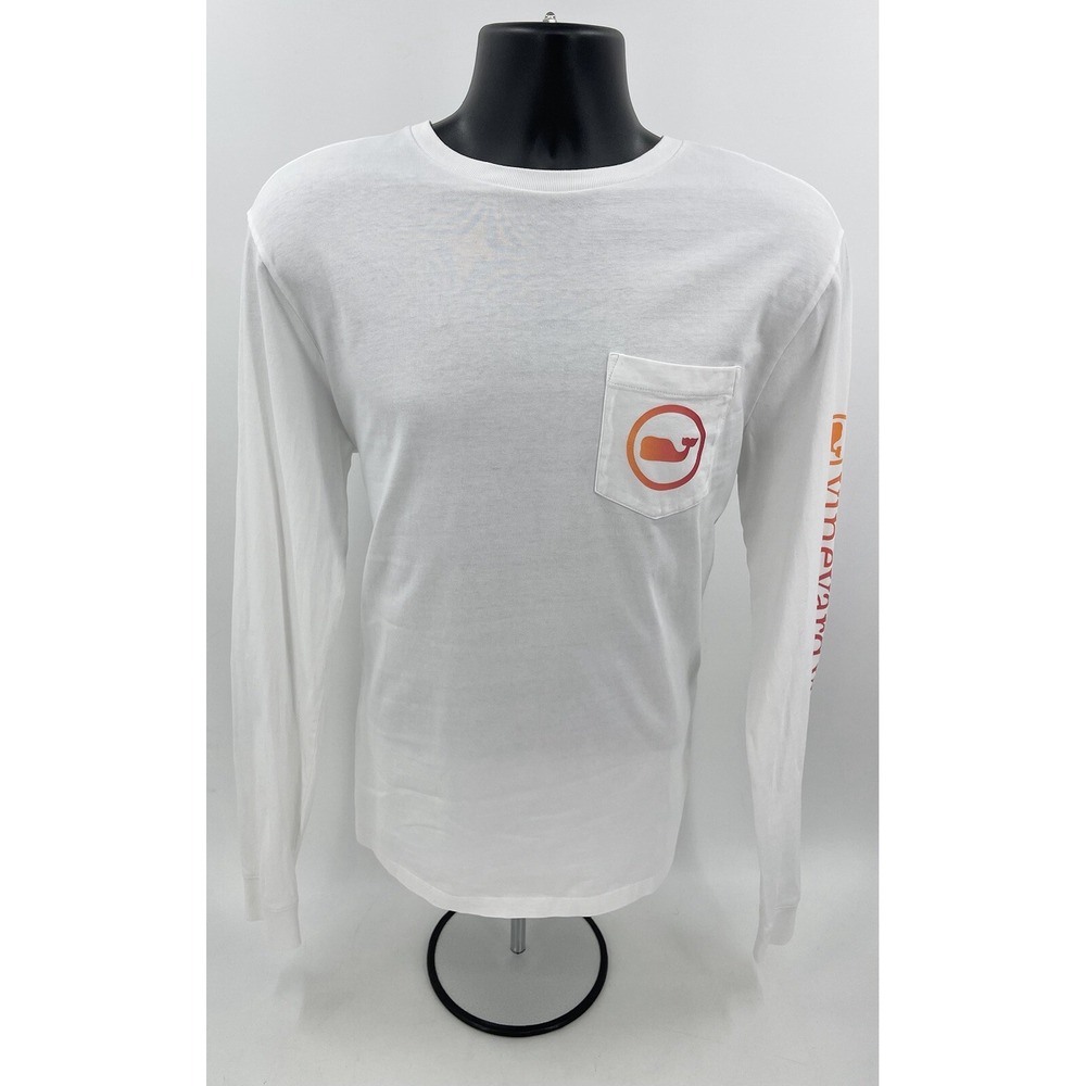 Vineyard Vines L/S Gradient Orange Whale Pocket Tee‎ T-Shirt White Men's Medium